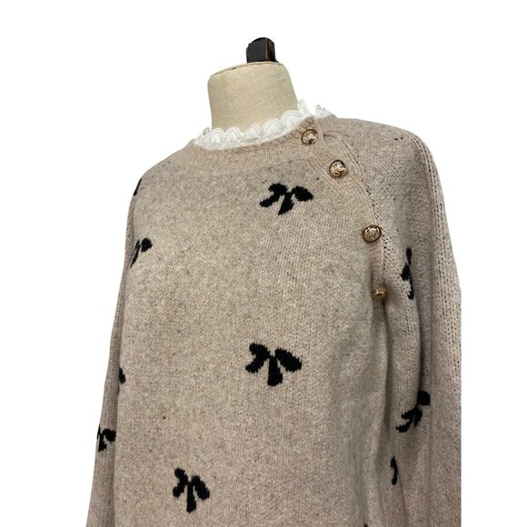 Shein Womens Beige Sweater With Black Bow Pattern & Decorative Buttons - Picture 3 of 7